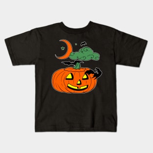 Cartoon Pumpkin Bats Clouds and Moon Kids T-Shirt